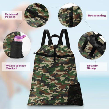 Green Camouflage Drawstring Backpack, 15” x 17” Waterproof Swim Bag for Beach Swimming Pool, Lightweight Foldable Gym Bag with Water Bottle Holder for Sports Travel - color: Camouflage