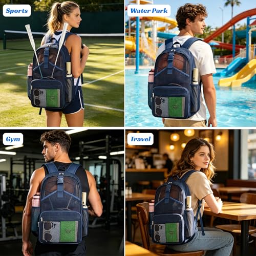 Metaverse Mesh Sports Backpack 20 Inch with Racket Holder for Men Women, Large Travel Gym Beach Backpack with Water Bottle Pockets - color: Navy