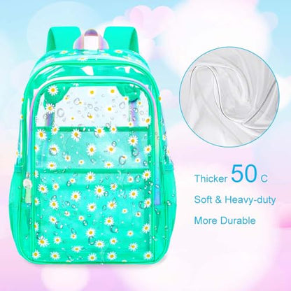 gxtvo 3PCS Clear Bookbag Heavy-Duty Set for Women & Teen Girls, 17" Green Transparent Backpack with Rainbow Strap, Cute Chrysanthemum See Through School Bag - color: Green Chrysanthemum Clear Backpack Set