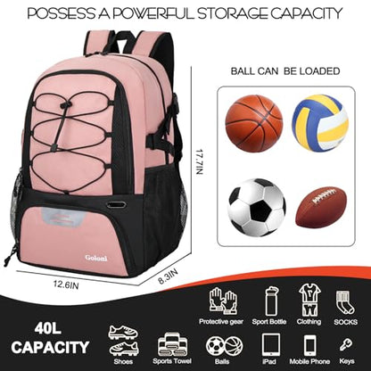 Goloni 40L Basketball Bag,Large Basketball Backpack with Ball Compartment & Shoe Compartment,Backpack for Soccer,Volleyball - color: Pink