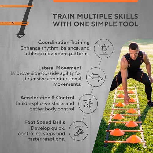 Agility Ladder Set, 12-Rung Speed Ladder + Training Cones, Soccer Training Equipment, Footwork Drills Kit, Speed & Agility Equipment, Football Practice Equipment, Basketball Gear - color: Bright Orange