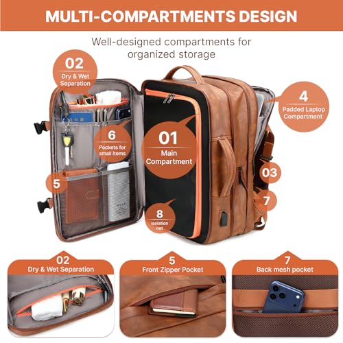 Travel Backpack for Women, PU Leather Carry On Backpack Flight Approved with Laptop Compartment, 40L Expandable Personal Item Travel Bag for Traveling Weekender Business (Brown) - color: Brown