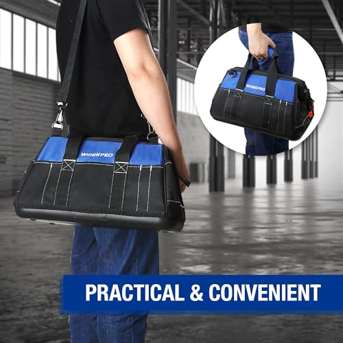 WORKPRO 16-inch Wide Mouth Tool Bag with Water Proof Molded Base | Heavy Duty Cloth Tool Storage Bag, Adjustable Shoulder Strap - color: Black&Blue