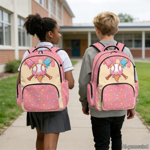 Suobstales Baseball Ice Cream Drip Print School Backpack for Kids, 17 Inch Bookbag for Girls Boys Age 6-8, Lightweight School Bag Knapsack for Preschool, Primary, Kindergarten School Supplies - color: Baseball Ice Cream Drip 3