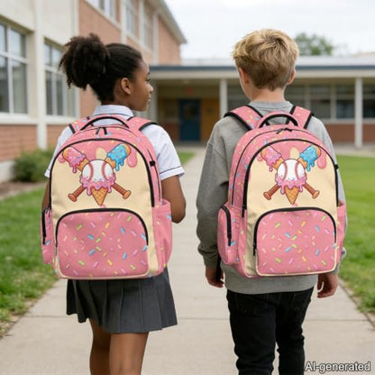 Suobstales Baseball Ice Cream Drip Print School Backpack for Kids, 17 Inch Bookbag for Girls Boys Age 6-8, Lightweight School Bag Knapsack for Preschool, Primary, Kindergarten School Supplies - color: Baseball Ice Cream Drip 3