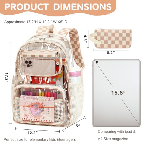 Bluboon Clear Backpack Heavy Duty Kids Boys Clear Bookbag See Through Backpacks with Pencil Case for College Work (Transparent Brown white Checked) - color: Transparent Brown White Checked