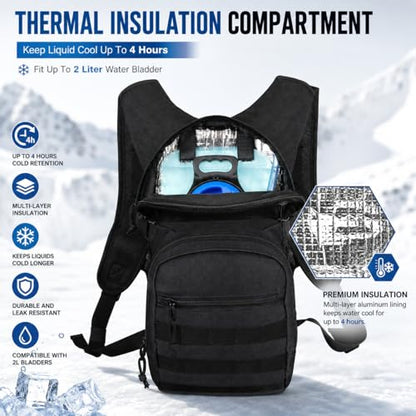 Tactical Hydration Backpack 2L Water Bladder - Lightweight Durable Pack for Hiking, Running, Outdoor Adventures, Adjustable Straps & Leak-Proof Design - color: Black