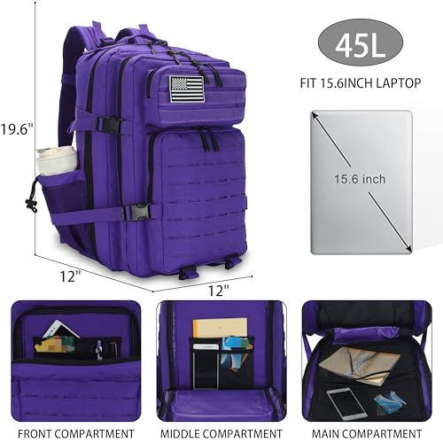 Sparklekle Military Tactical Backpack 45L 3 Day Assault Pack Waterproof Molle Hiking Rucksack for Men&Women (Purple) - color: Purple, size: 45L