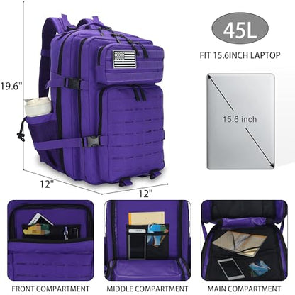 Sparklekle Military Tactical Backpack 45L 3 Day Assault Pack Waterproof Molle Hiking Rucksack for Men&Women (Purple) - color: Purple, size: 45L