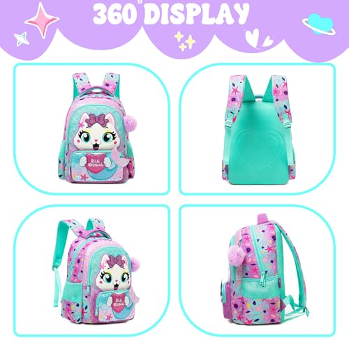 Meetbelify Kids School Backpacks for Girls Boys Backpack with Lunch Bag for Elmentary Students - color: 01 Mermaid Cat