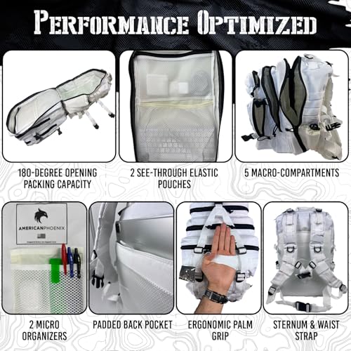 AMERICANPHOENIX 45L Elite Tactical Backpack | 3X Stronger Work & Military Backpack | Water Resistant and Heavy Duty | 3 Day MOLLE Bug Out Bag (Polar White) - color: Polar White