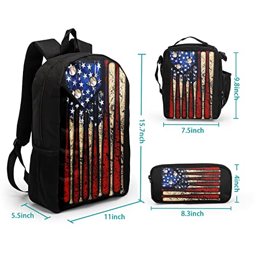 Giwawa American Flag Baseball School Backpack Set Lightweight Teen Girls Women Kids School Bags College Bookbag with Lunch Bag - color: Baseball Flag-1