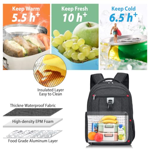 BIKROD Lunch Backpack, Insulated Cooler Lunch Bag Backpack, Large Travel 17.3 Laptop Back Pack Sturdy Computer College School Bookbag for Women Men for Men Women Work Hiking Picnic - color: Black