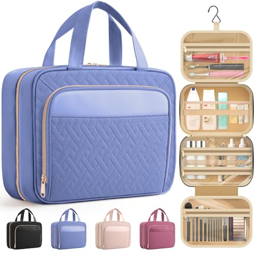 HOTOR Travel Toiletry Bag for Women & Men, Waterproof Makeup Bag with Hanging Hook and Multiple Pockets, Cosmetic Bags for Women, Travel Essentials, 11.2'' x 3.2'' x 8.9'', Aegean-Blue - color: Aegean-Blue, size: Medium