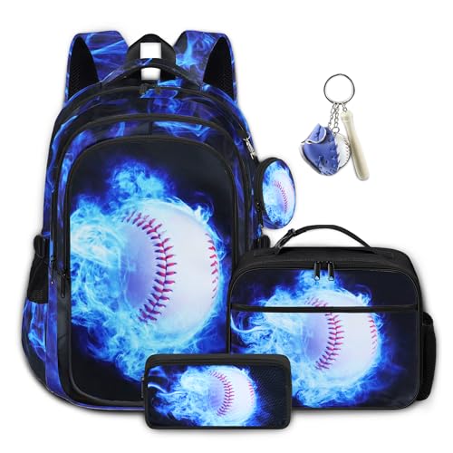 Boys Baseball Backpack with Lunch Box, Kids Backpack Set for School, 17inch Bookbag with Pencil Case Coin Purse Blue - color: Baseball Blue
