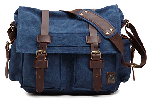 Sechunk Vintage Military Leather Canvas Laptop Bag Messenger Bags Medium - color: Blue, size: Medium--15‘’