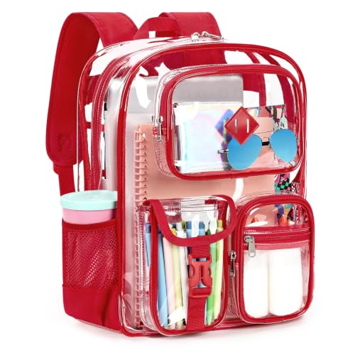 ZORFIN 18.5 Inch Clear Backpack, Large Transparent Bookbag with Reinforced Straps for School College Work - color: Red, size: X-Large