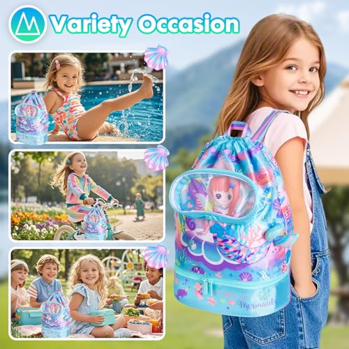 Drawstring Backpack for Kids Girls, Cute Cartoon Mermaid Waterproof Drawstring Bag String Swim Gym Sports Beach Bag with Shoes & Sunglasses Compartment and Wet Proof Pocket - color: J14. Mermaid