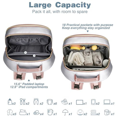 MOMUVO Diaper Bag Backpack, Quilted Baby Bag with Changing Pad & Stroller Straps & Pacifier Case, Large Travel Diaper Bags for Mom Dad, Pink Grey - color: Pink Grey