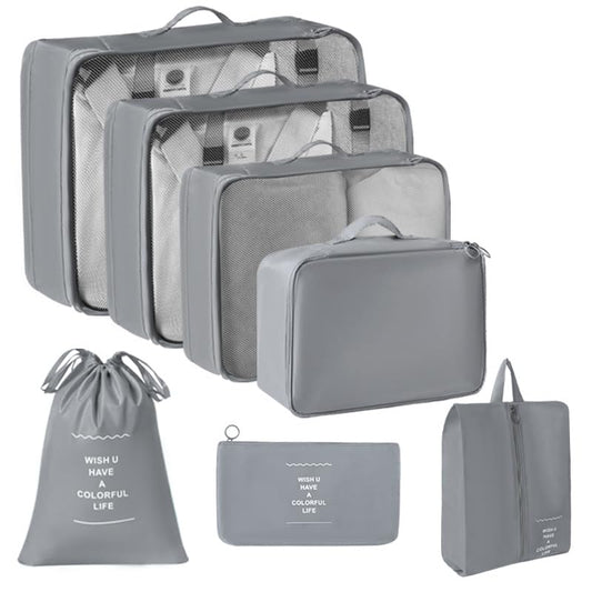 7 Set Packing Cubes for Suitcases, Breathable Luggage Organizer Bags, Travel Essentials with Clothing, Shoe, Cosmetics, Flat, Drawstring Bags, Grey - color: Grey