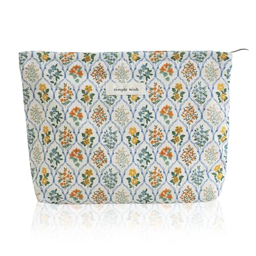Wudygirl Cute Makeup Bag for Women - Travel Cosmetic Bag with Zipper Makeup Pouch Floral Make up Organizer Handbag Aesthetic (Blue Striped Floral) - color: Blue Striped Floral