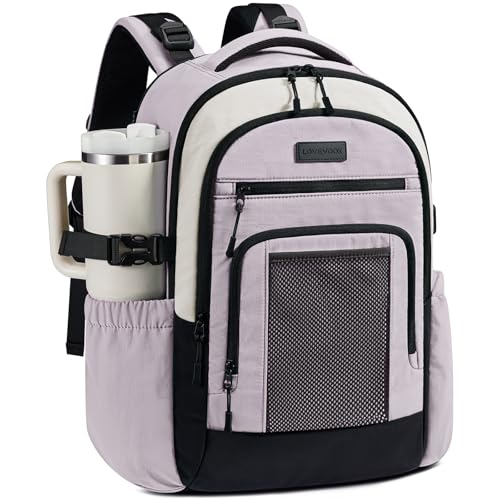 LOVEVOOK Laptop Backpack for Women with Large Cup Holder,17.3 Inch Work Computer Bag with Chest Buckle Back Pad Shoulder Buckle,Waterproof Business Backpack College Teacher Bag for Gift Travel - color: Off White-purple-black, size: 17.3 Inch