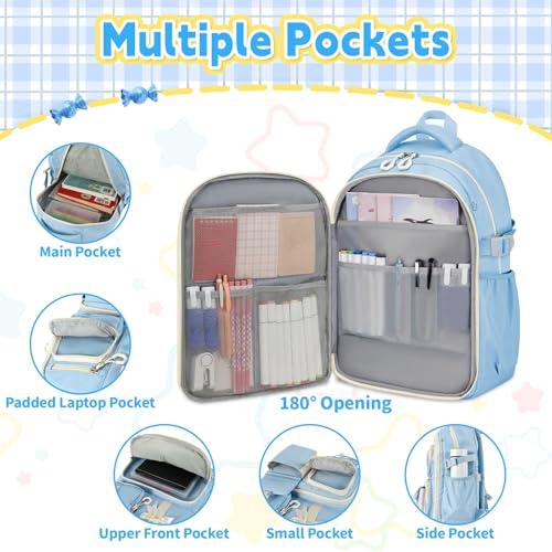 Girls Backpack with Lunch Box Set, 4 PCS Cute Kawaii School Bookbag for Elementary Girls, Blue Aesthetic Large Laptop Backpack for Kids & Teens - color: Blue