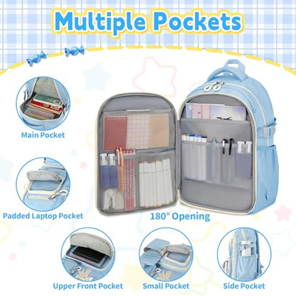Girls Backpack with Lunch Box Set, 4 PCS Cute Kawaii School Bookbag for Elementary Girls, Blue Aesthetic Large Laptop Backpack for Kids & Teens - color: Blue