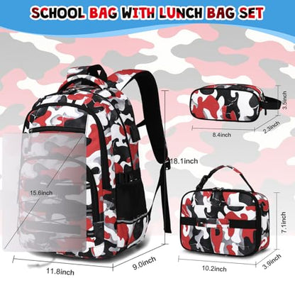 ACESAK Camo Backpack for Boys, Tactical Kids Backpack Boys, School Bags for Boy Children Teens Kids Elementary Middle High School, Military Bookbag and Lunch Bag Pencil Case Set with USB Charging Port - color: Red White