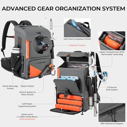 KastKing All Weather Fishing Tackle Backpack with Removable Rod Holders,Waterproof ArmorShield Fabric Fishing Bag Storage Fishing Gear - color: B: Grey（Without Waterproof Tackle Box）