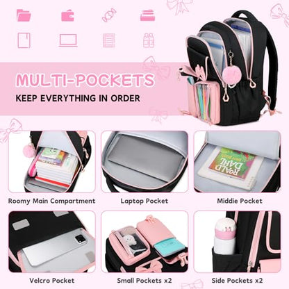 Girls Backpack, School Backpack for Girls, Cute Bow Kids Bookbag for Grils Children Teens for Elementary Middle High School Student, Back To School, Black Pink 3pcs - color: Black Pink-3pcs