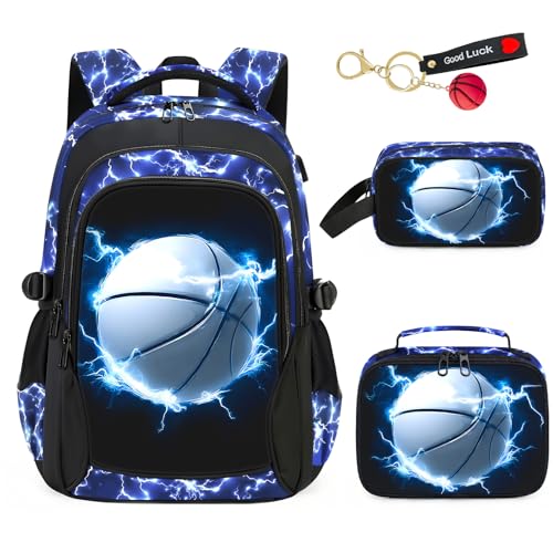 School Backpack for Boys - 4pcs Basketball Boys Backpack with Lunch Box Set for Kids Teens Elementary Middle School, 18" Large Capacity Waterproof Bookbag with Usb Charging Port, Daypack for age 6-18 - color: Basketball-backpack Set