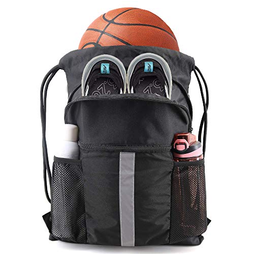 BeeGreen Drawstring Backpack Bag with Shoe Compartment, X-Large Black Gym Sports String Cinch Backpack - color: Black