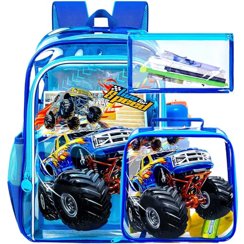 UFNDC 3PCS Clear Backpack for Girls and Boys, Unicorn Cat Transparent Bookbag, See Through School Bag for Kids Elementary - color: Boys Uv Printing Flame Truck Clear Backpack