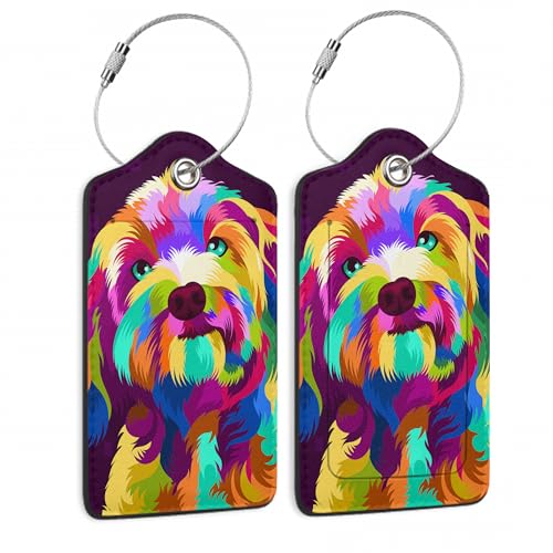 Luggage Tags for Suitcase,2 Pack Colorful Dog Abstract Luggage Tag PU Leather Privacy Cover ID Label with Stainless Steel Loop for Women Men Teens Travel - color: Colorful Dog Head Abstract