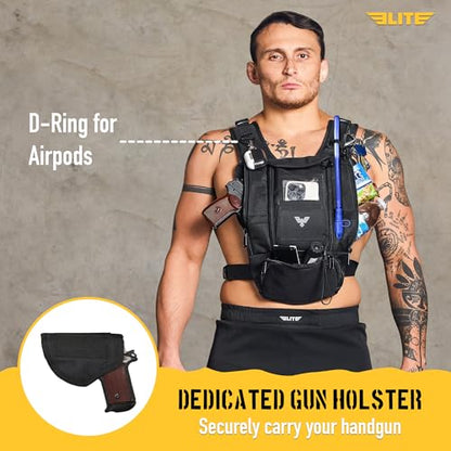 Elite Hydra Running Chest Pack w/ Gun Holster, Phone Holder Touch Friendly, Camera Pocket for Men/Women Lightweight Hydration Vest Chest Rig w/ Water Bladder for Marathon, Cycling, ADV Camping, Skiing - size: Large