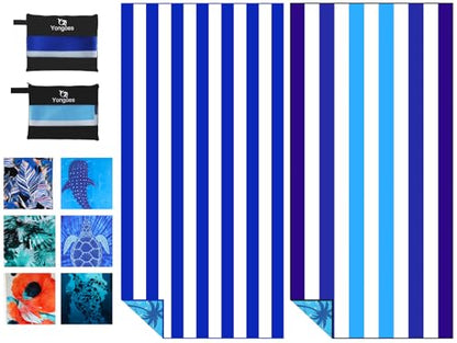 Yongoes 2 Pack Microfiber Lightweight Thin Beach Towel Sand Free Quick Dry Super Absorbent Large Towels for Swimming Pool Yoga Gym Travel Vacation Beach Accessories Essentials Stripes - color: 2 Pack Blue Navy Multi
