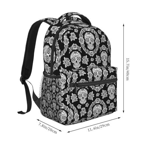 Casual Travel Daypack Black And White Floral Day Of The Dead Mexican Sugar Skulls, Multi Pocket Water Resistant Backpack for Men Women Weekend Getaways - color: Pattern (226)