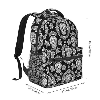 Casual Travel Daypack Black And White Floral Day Of The Dead Mexican Sugar Skulls, Multi Pocket Water Resistant Backpack for Men Women Weekend Getaways - color: Pattern (226)