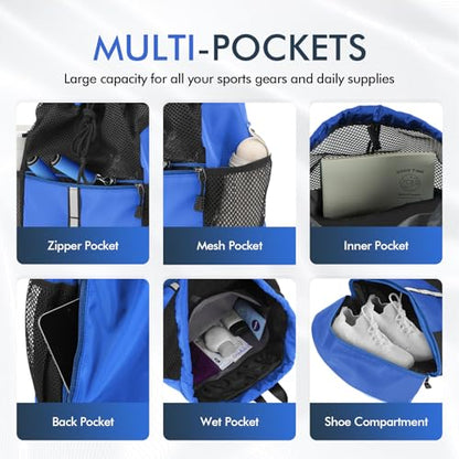 PinCute Drawstring Gym Bag for Men/Women - Mesh Beach Swim Bags Sports Backpack with Wet Pocket&Shoe Compartment, Lightweight - color: Blue