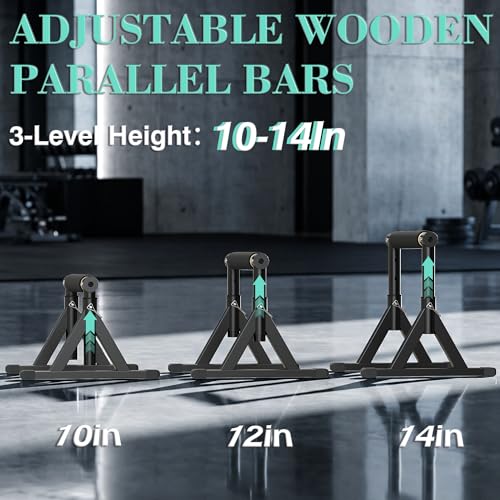 Wooden Parallel Bar and Dip Bar with Adjustable Height and Non-Slip Handles, Rock-Free Fitness Equipment for Handstands, L-Sits, Gymnastics and Strength Training for Home Gym, 600lbs Capacity - size: 10-14''