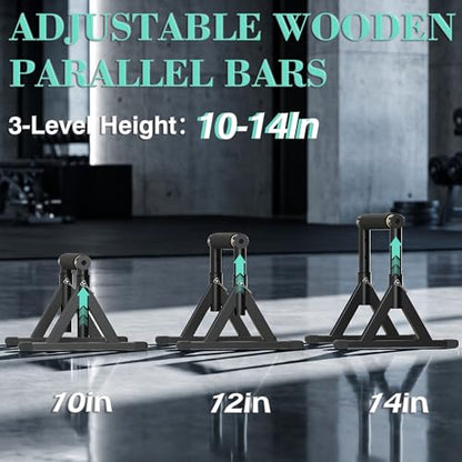 Wooden Parallel Bar and Dip Bar with Adjustable Height and Non-Slip Handles, Rock-Free Fitness Equipment for Handstands, L-Sits, Gymnastics and Strength Training for Home Gym, 600lbs Capacity - size: 10-14''