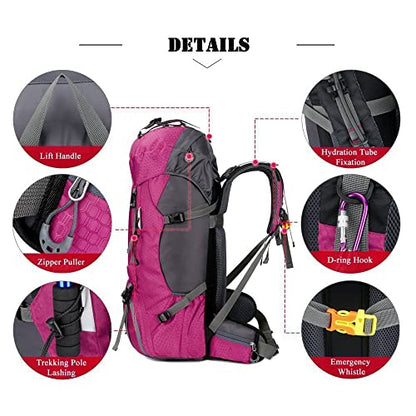 Bseash 60L Waterproof Hiking Camping Backpack with Rain Cover, Large Outdoor Sport Travel Daypack Rucksack for Climbing - color: Rose Red