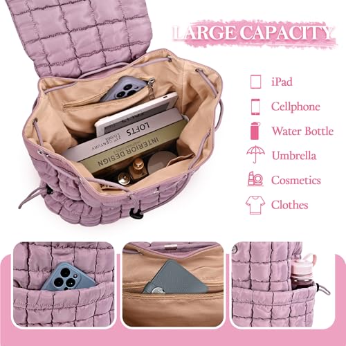 Quilted Puffer Backpack for Women Lightweight Soft Puffy Backpack Purse Casual Daily Drawstring Flap Daypack (Dark Purple) - color: Dark Purple