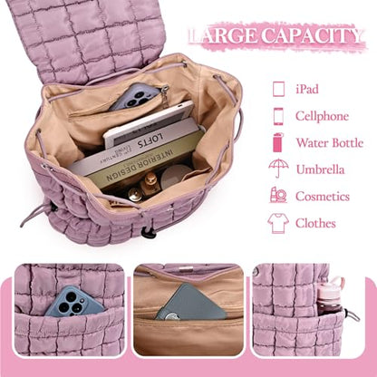Quilted Puffer Backpack for Women Lightweight Soft Puffy Backpack Purse Casual Daily Drawstring Flap Daypack (Dark Purple) - color: Dark Purple