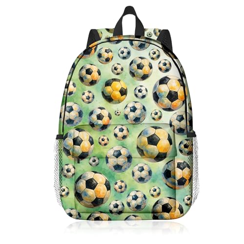 Soccer Backpack for Kids & Youth, 16 Inch Tennis-Themed School Bookbag, Lightweight Polyester Daypack with Front Zip Pocket, Side Bottle Pocket, Padded Adjustable Straps, Unisex - color: Soccer