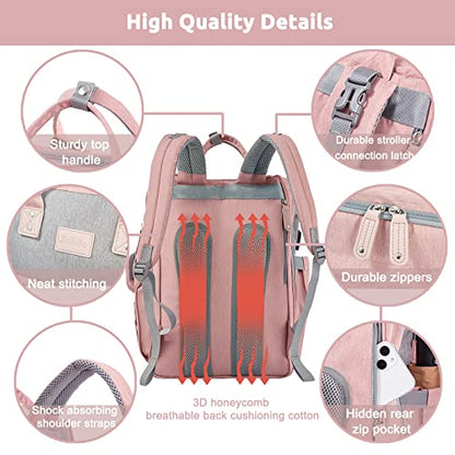JOLLITO Baby Diaper Bag Backpack with Changing Station, Large Capacity, Stroller Straps and USB Charging Port, Baby Registry Search for Boys & Girls - color: Pink
