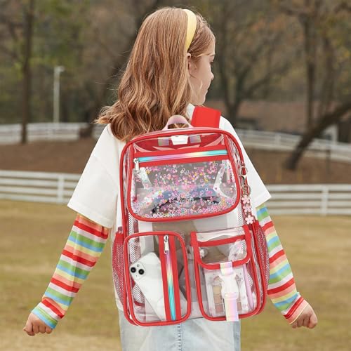 Clear Backpack for Girls Women, School Bookbag Heavy Duty See Through Backpacks (Red) - color: Red