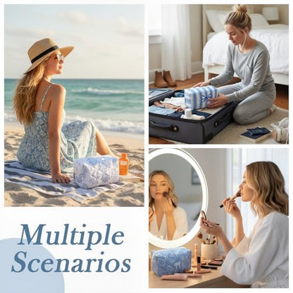 Hillban 6 Pcs Ocean Quilted Cosmetic Bags Coastal Themed Gifts Ocean Aesthetic Essential Makeup Bags Starfish Coral Seashell Beach Kit for Women Travel Vacation Accessories(Seashell) - style: Seashell