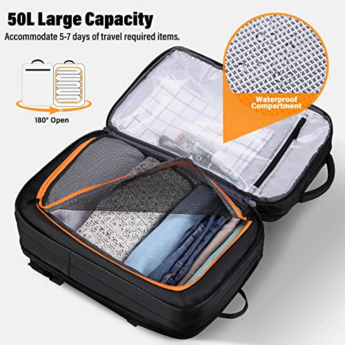 HOMIEE 50L Travel Backpack Carry On Luggage 22x14x9 Airline Approved, Extra Large Expandable Laptop Backpack - color: Black